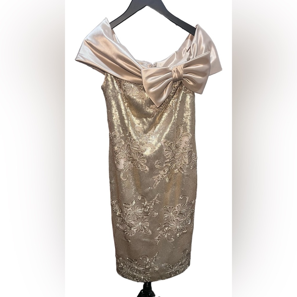 Teri Jon for Rickie Freeman - Off shoulder Gold Bow Cocktail Dress - Picture 2 of 7